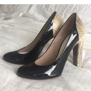 Chloe black patent and snakeskin pumps